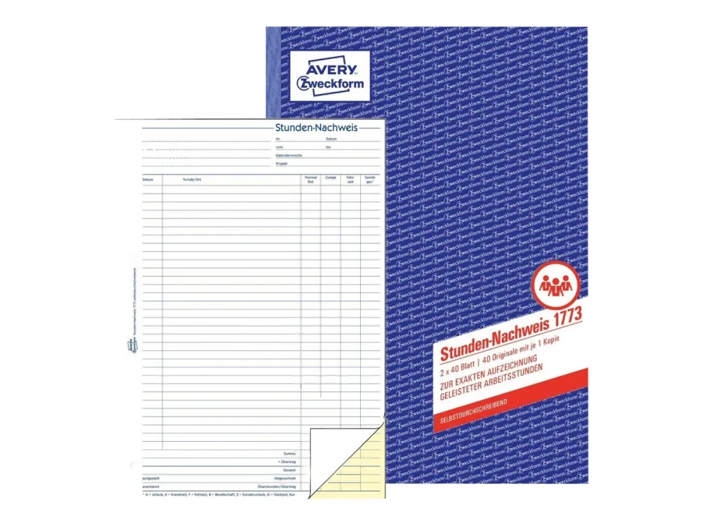 Avery Zweckform - Timebaseret tidsark - 40 ark - A4 - duplikat - karbonfri
