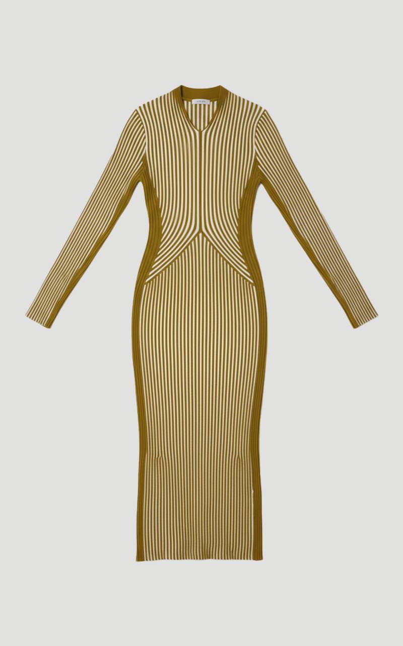 KarenMillen Robe Midi Tricotée à Manches Longues Ajustée à Rayures