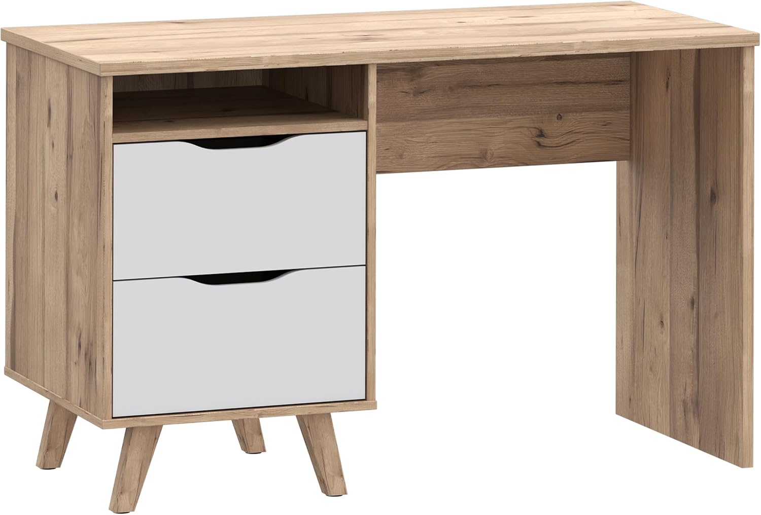 Forte VANKKA Schreibtisch 120, Skandi Schreibtisch mit 2 Schubladen, offenen Fach und filigranen Möbelbeinen, Holzwerkstoff, Planked Eiche Holzdekor, 119,7 cm breit x 75 cm hoch x 52,7 cm tief