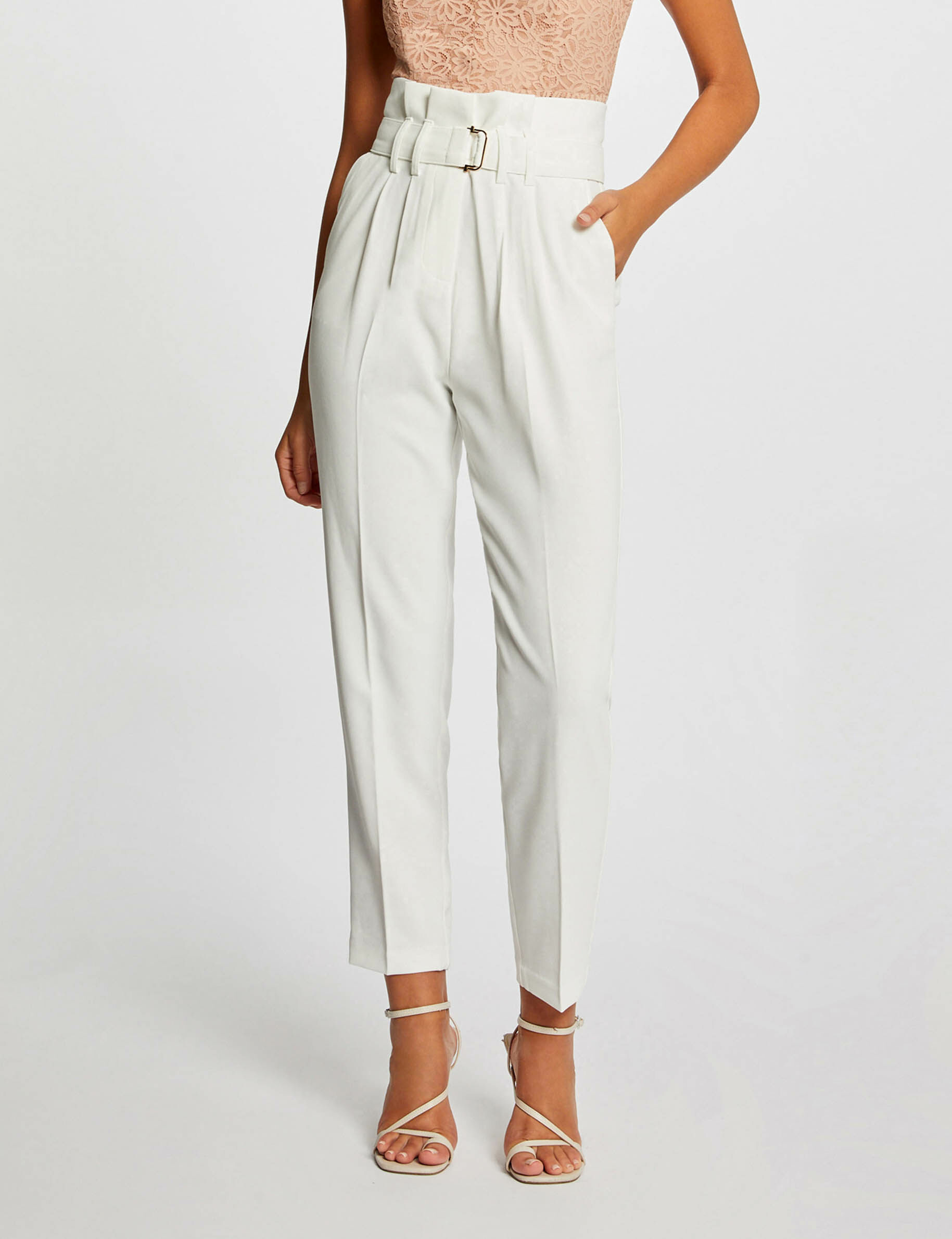 Pantalon paperbag ceinturé ecru femme - ecru