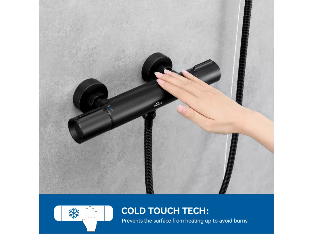 Mitigeur Thermostatique Douche Noir Mat,,Murale Robinet Thermostatique Douche avec Bouton Sécurisé à 38°C Anti-brûlure ,Mitigeur Douche Laiton