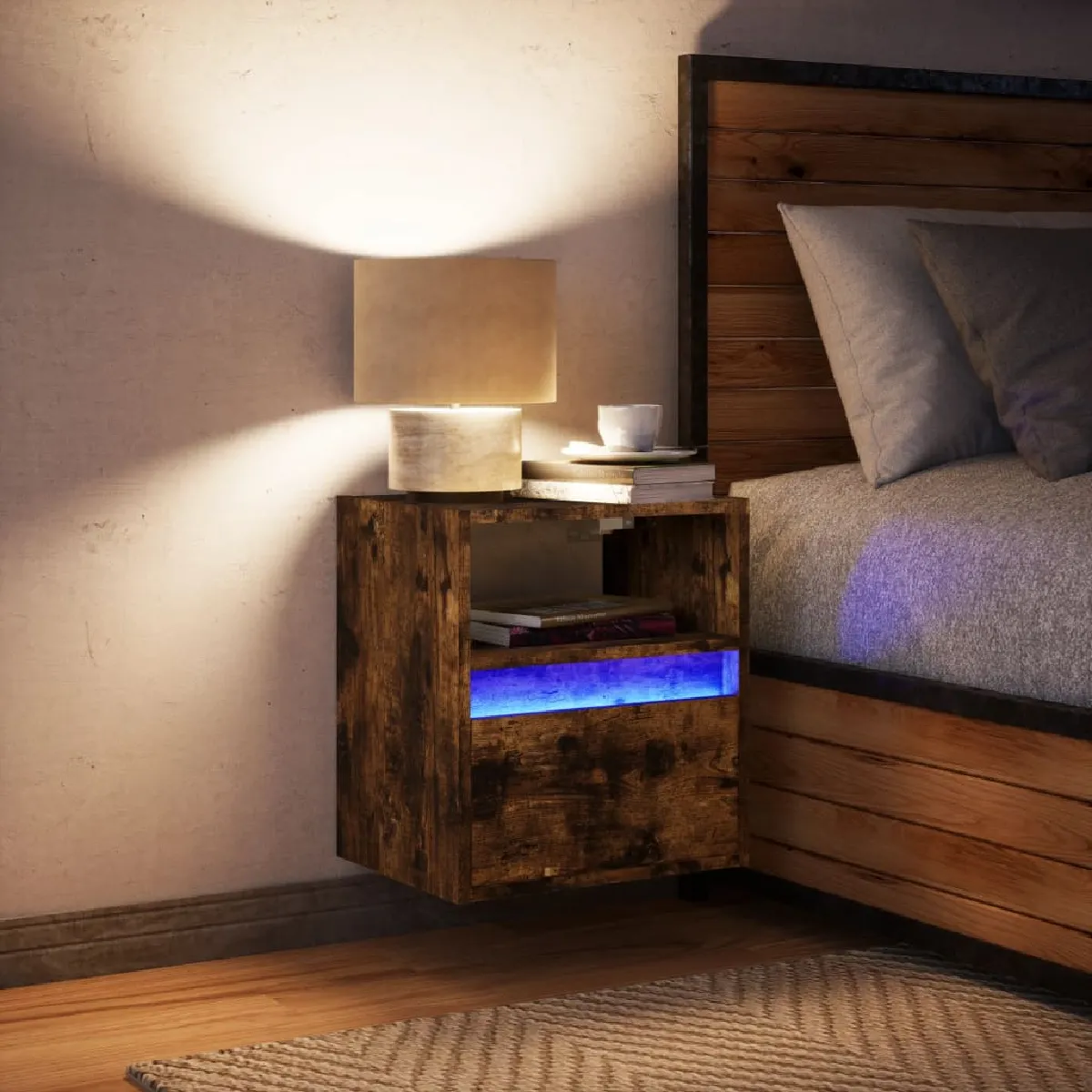 vidaXL Table de chevet murale LED chêne fumé