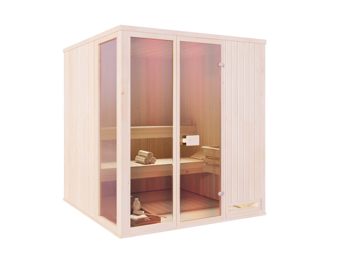 FinnTherm Oda binnensauna met 2 houten banken, saunacabine met 40 mm wanddikte, stoomsauna inclusief montagemateriaal, natuurlijke afwerking, 1,9 x 1,8 m