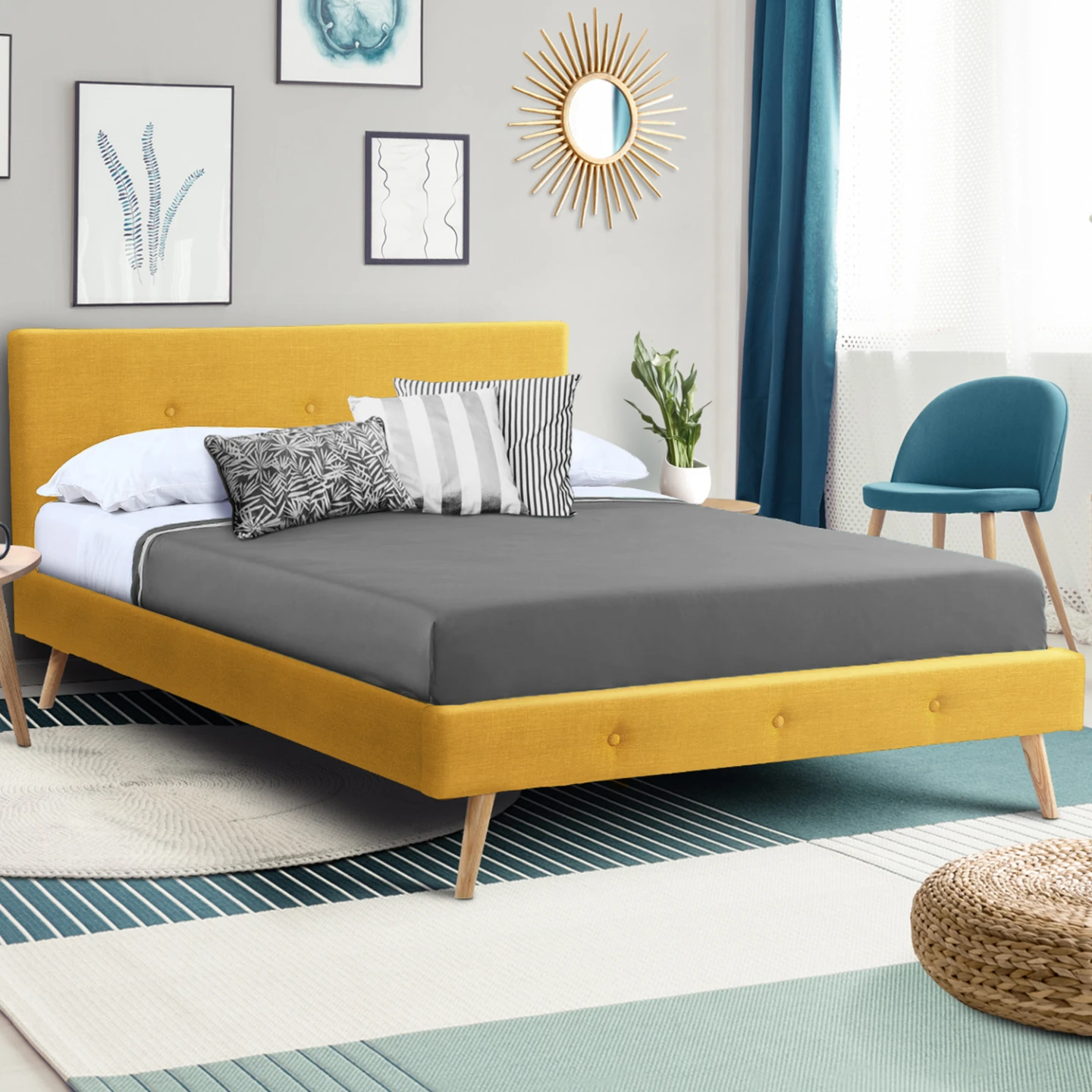 Lit double scandinave OSLO avec tête de lit et sommier 140 x 190 cm tissu jaune moutarde