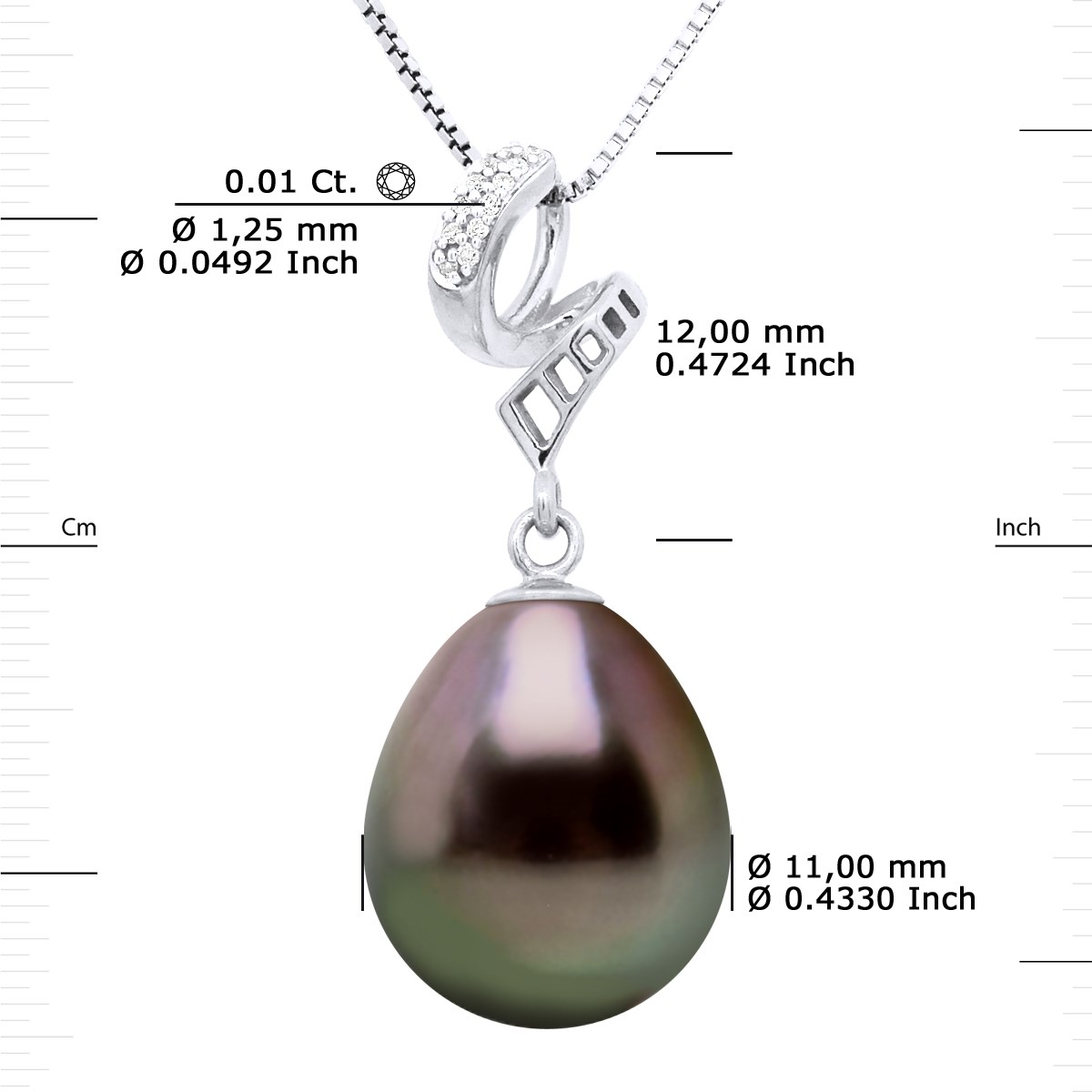 Pendentif VOLUTES - Diamant 0,12 Cts - Véritable Perle de Culture de Tahiti Poire 11-12 mm - Or Blanc