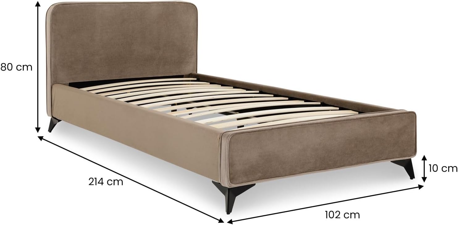 IDIMEX Polsterbett LAVORO Einzelbett 90x200, Greige - Bett mit Lattenrost und Samtstoffbezug, Bettgestell mit gepolstertem Kopfteil, modernes Design, Robuster Holzrahmen & Metallbeine