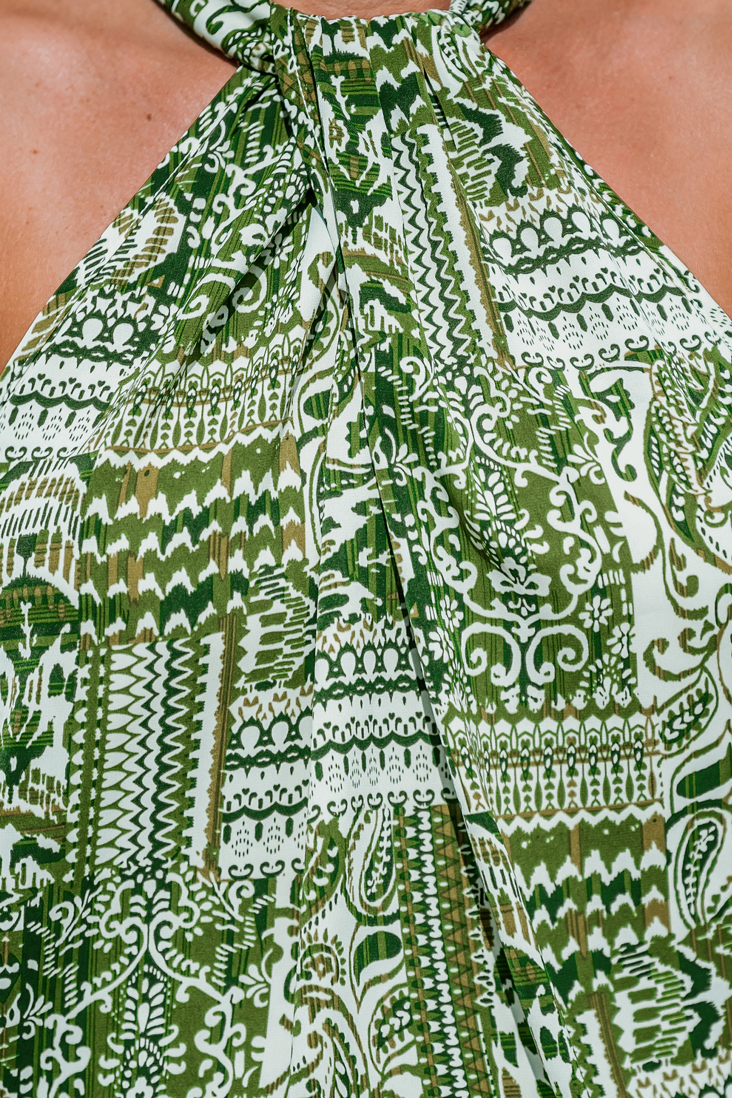 Blouse sans manches à col licou torsadé paisley verte