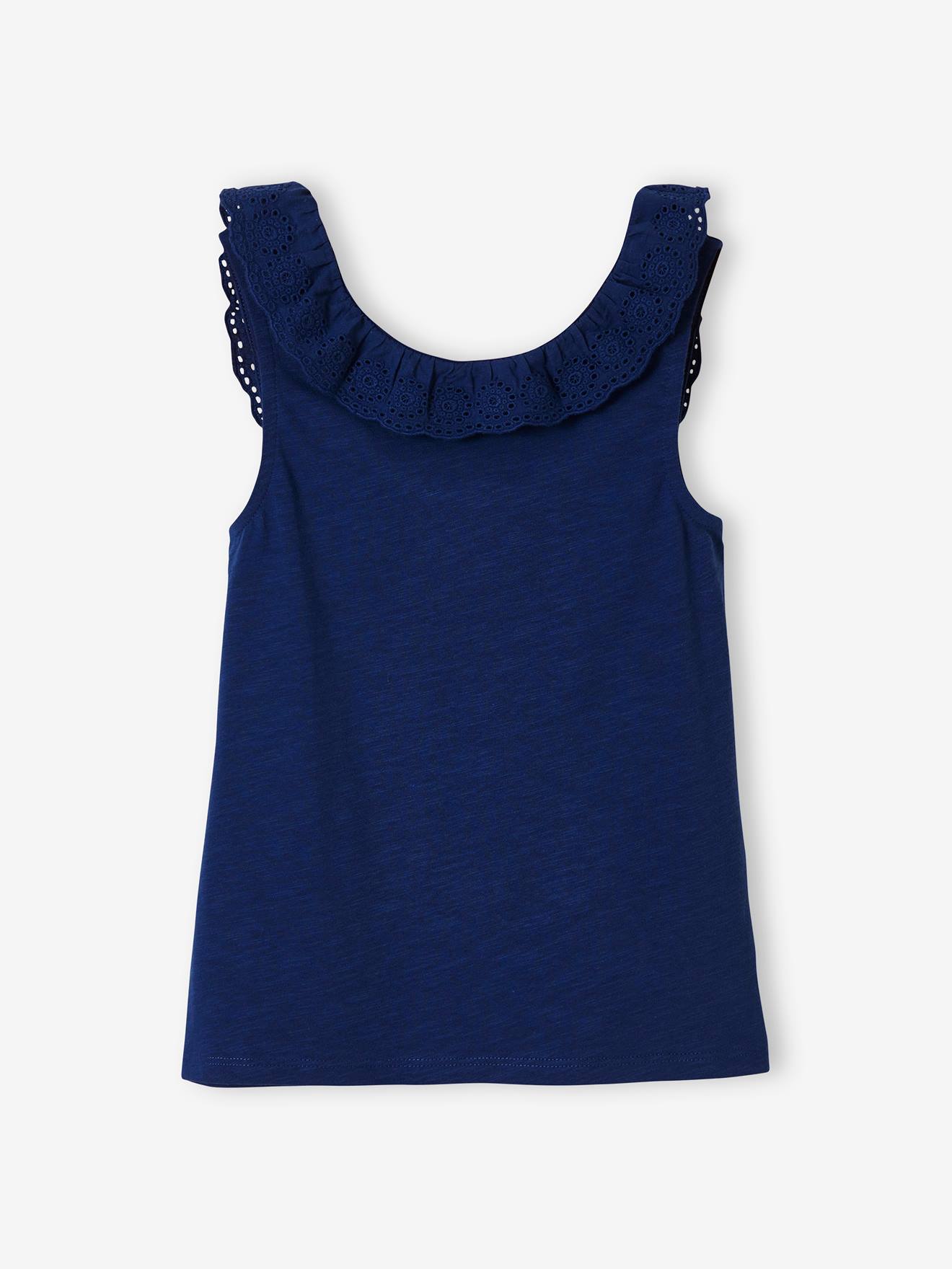 Camiseta sem mangas com gola de babados bordada em estilo inglês, para meninas, lisa, tamanho médio, branca.