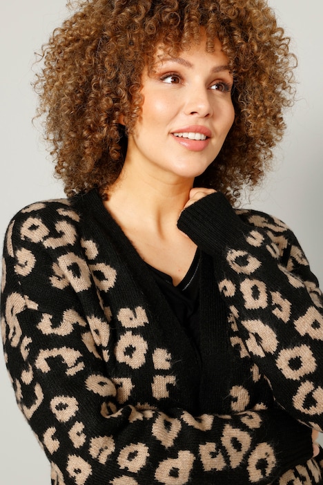 Strickjacke, Leomuster, offene Form, Langarm