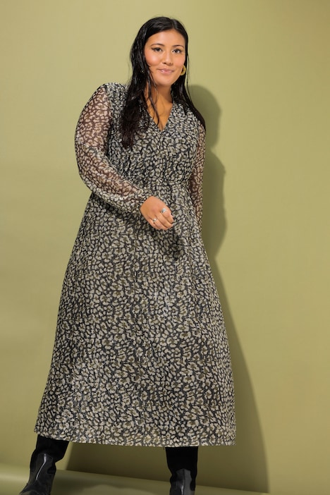 Maxi-Meshkleid, A-Line, Leo-Print, Ballonärmel