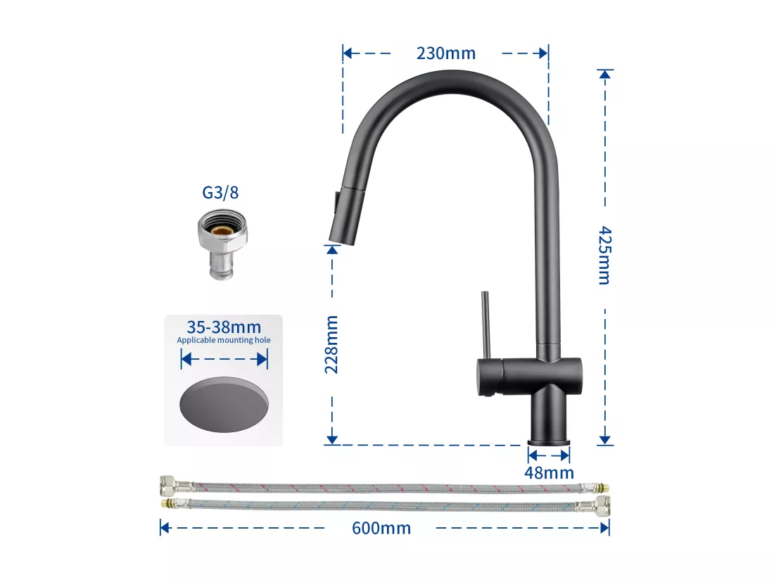 CECIPA MAX Evier 1 Bac en Quartz et Résine Noir Gris 55*44*20cm + Mitigeur de Cuisine avec Douchette Extractible avec 2 Types de Jet