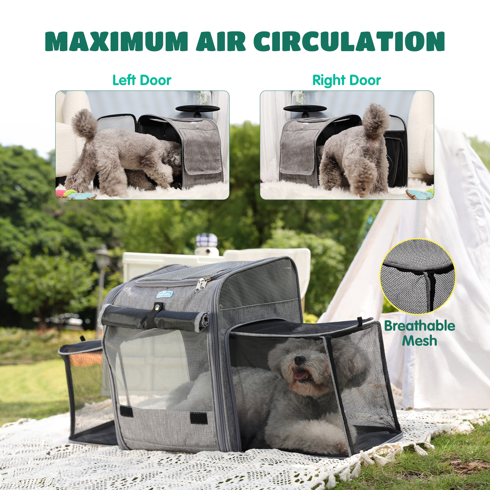 Mochila para transporte de animais de estimação Nobleza, expansível e dobrável, com janela de malha, ideal para cães de pequeno porte com arnês interno, capacidade máxima de carga de 10 kg, cinza.