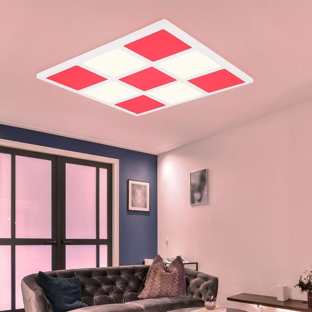 RGB LED Deckenleuchte Deckenlampe Panel Deckenpanel mit Fernbedienung dimmbar CCT, Metall Kunststoff, Nachtlicht einzelne Quadrate separat schaltbar, LxBxH 43x43x5 cm
