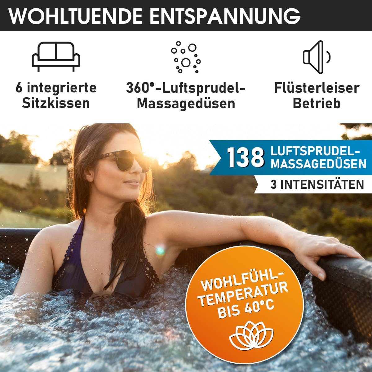 BRAST Whirlpool aufblasbar MSpa | 4-8 Personen | viele Modelle rund und eckig | Ø 125-224cm | In- Outdoor Pool | bis zu 144 Massagedüsen | inkl. Aufblasfunktion Abdeckung Timer Heizung | Duet