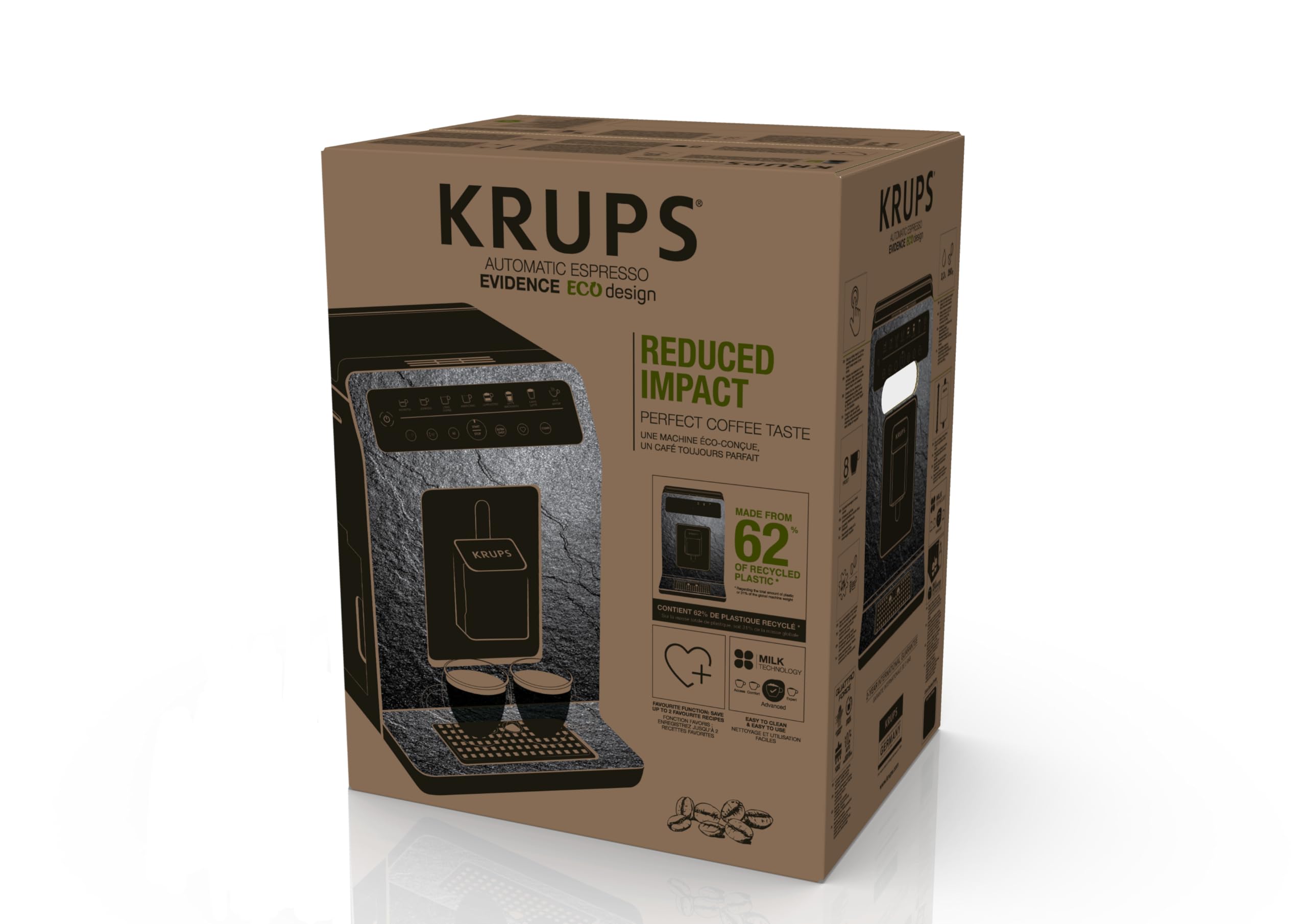 Machine cappuccino et expresso automatique KRUPS Evidence Eco-Design, goût exceptionnel, Quattro Force, boissons à base de lait grâce au système One-T