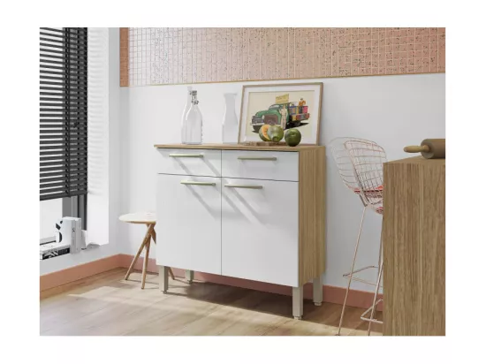 Buffet Bas 2 Portes 2 Tiroirs Chêne et Blanc 2 Niches L 90,9 H 86 P 36,3 cm