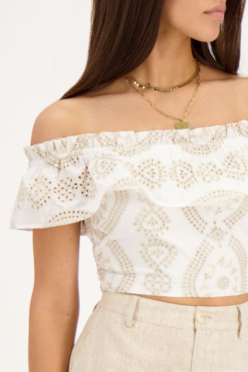 Beige cropped top met contrasterende embroidery