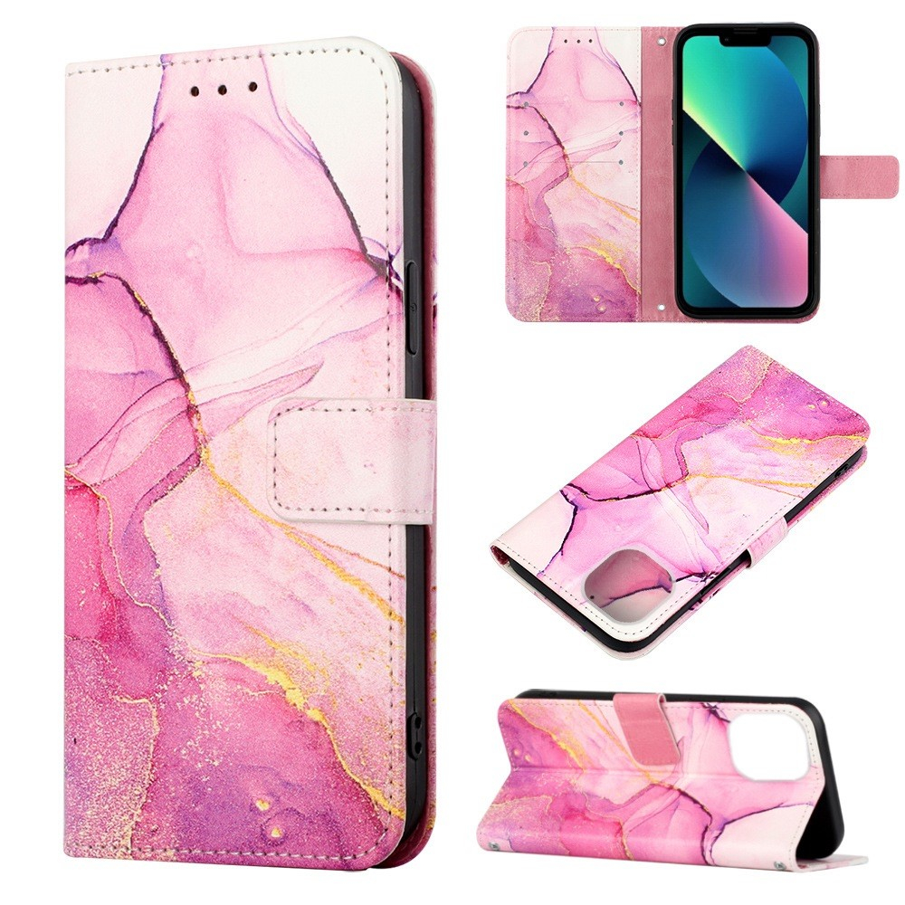 iPhone 14 Leder Tasche mit Kartenfach   Handschlaufe Marble Marmor - Pink / Rosa
