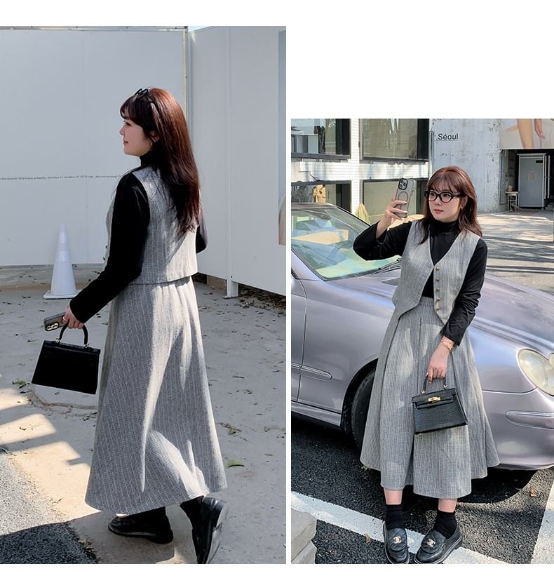 Tripoly - Plus Size Set: V-hals effen enkelrijs vest + hoge taille maxi A-lijn rok