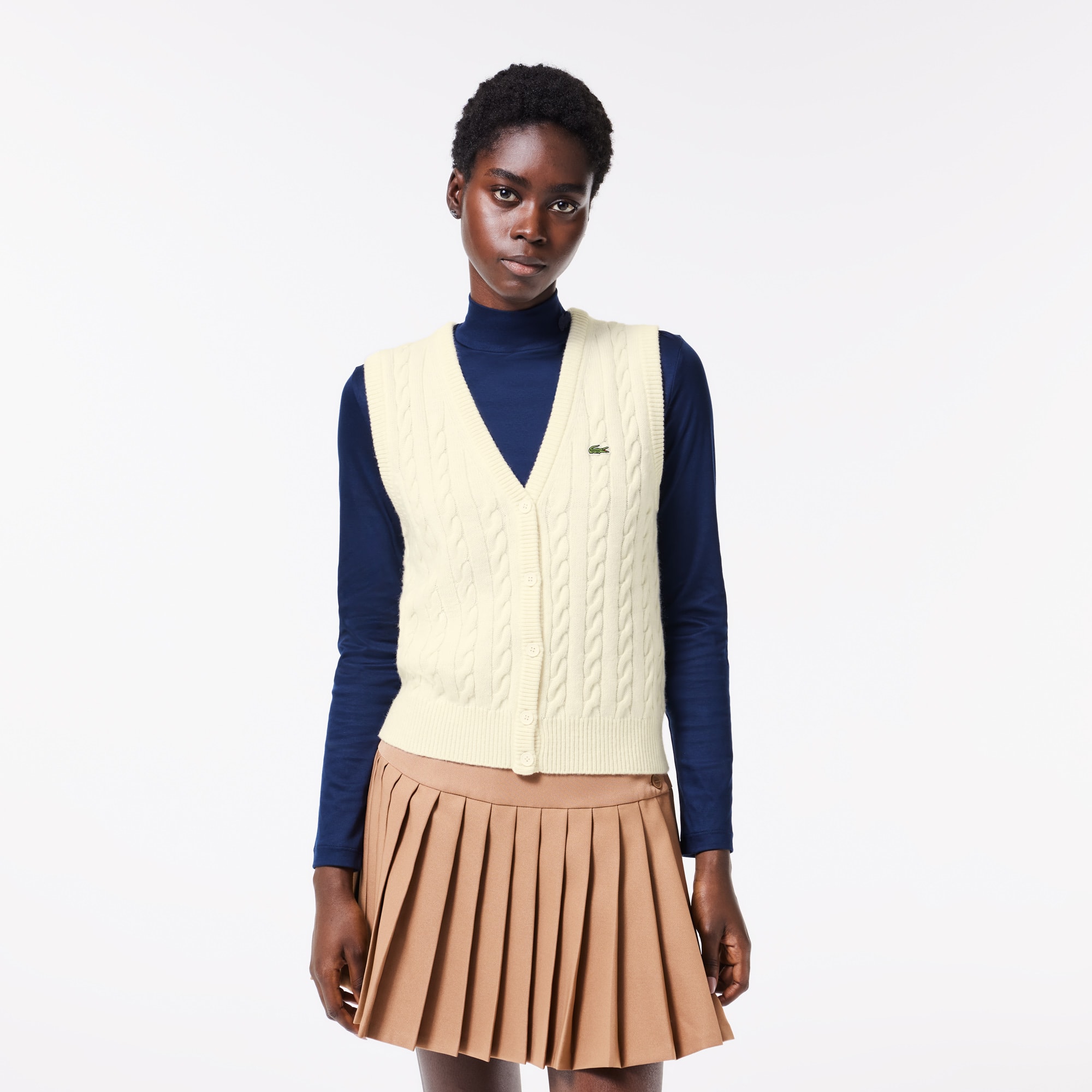 Cardigan sans manche à torsades en coton et laine Pullovers - Blanc - Lacoste - Femme