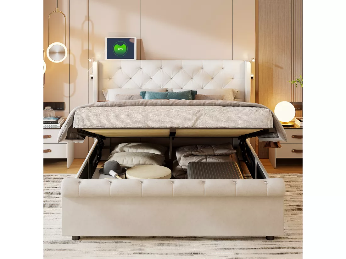 Lit coffre 140x190cm avec rangements, avec tête de lit, liseuse avec chargement USB, sommier à lattes, cadre de lit, lit double style contemporain, Beige