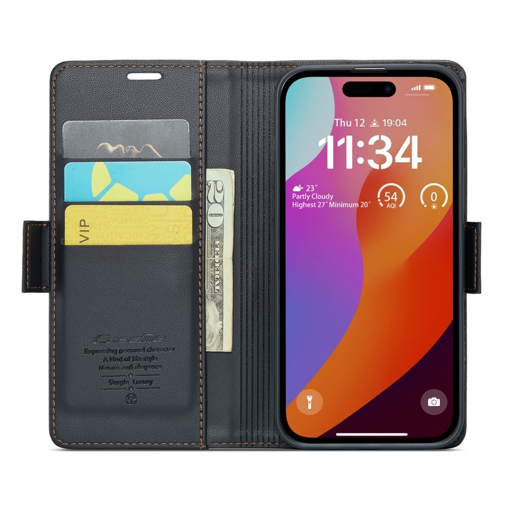iPhone 16 Pro Max Leder Tasche Flip Wallet Etui mit Kartenfächern Litchi Look (RFID Schutz) - Schwarz