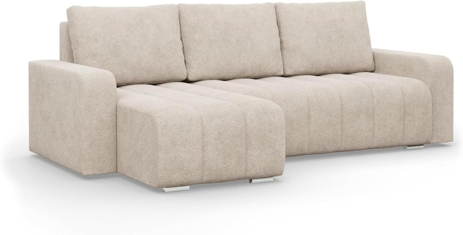 Mebligo - Ecksofa mit Schlaffunktion und Betkasten 237 cm Breit Abrielle, Eckcouch Universelle Form, Sofa mit Bonell Federkern, Couch Wohnzimmer, Ecke Sofa - Beige (Abriamo 03)