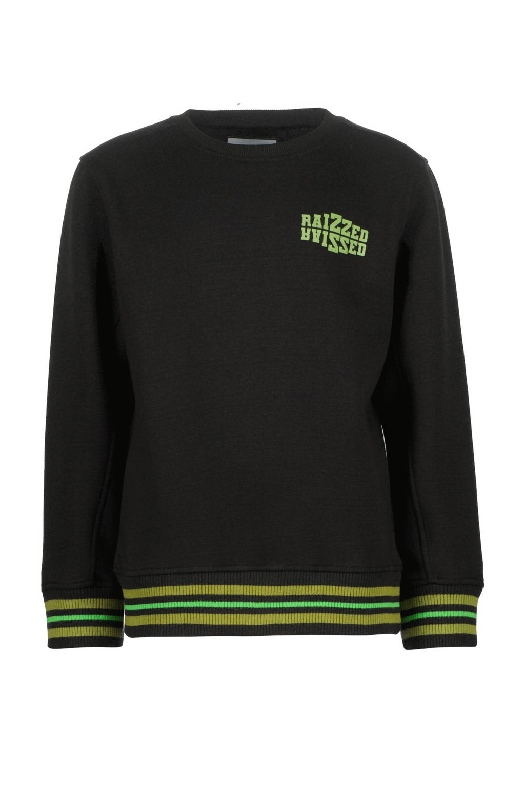 Raizzed sweater Rewin met tekst zwart/groen/geel