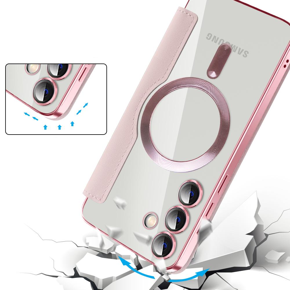 Samsung Galaxy S24 Hybrid Leder Tasche   Kunststoff Rückseite MagSafe-Modul - Rosa / Transparent