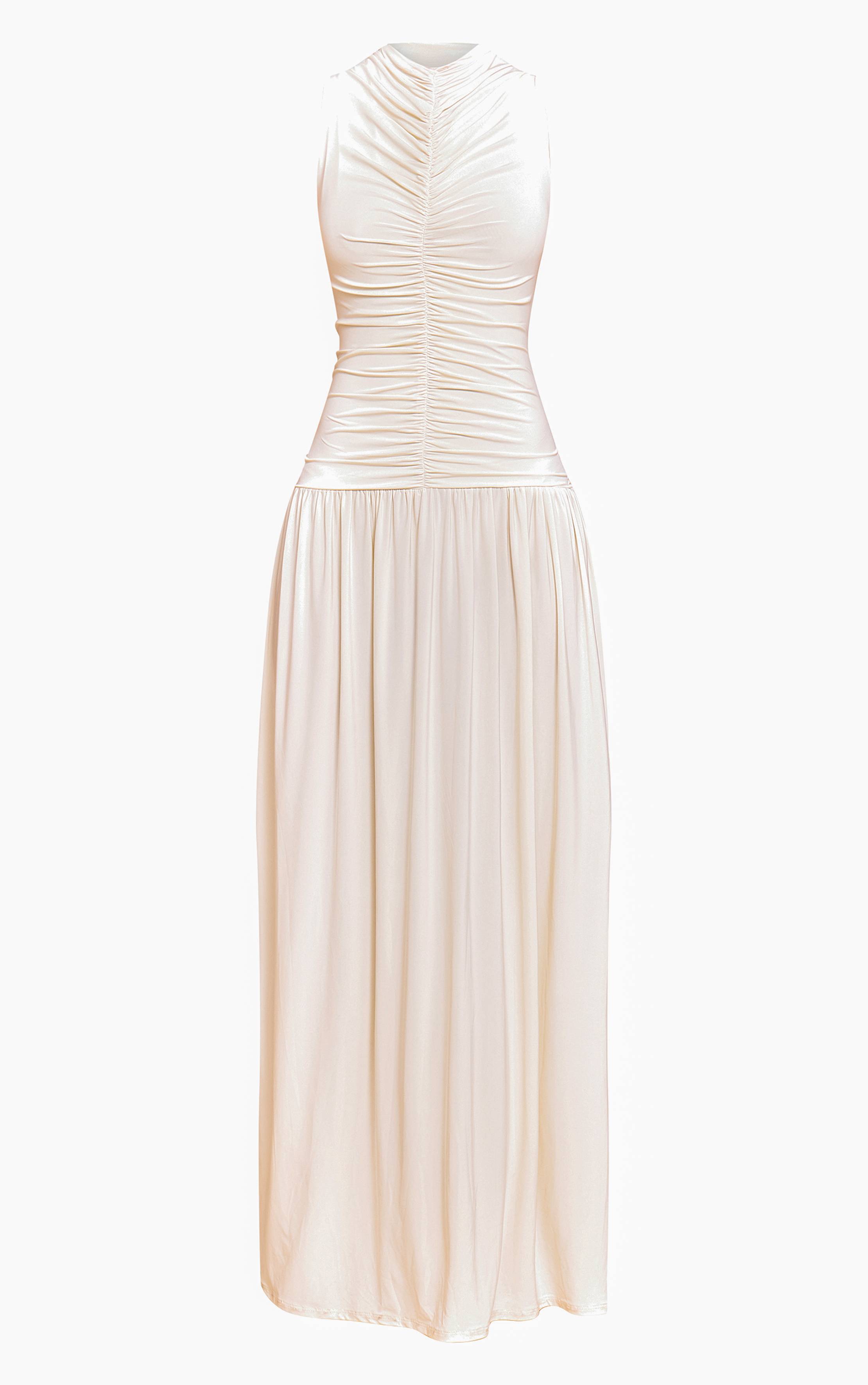 Crème Robe Longue Maxi À Taille Basse Froncée Double Couche Toucher Doux
