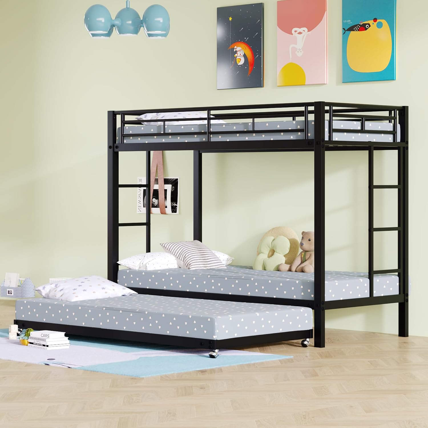 Dreier Hochbett Etagenbett 90x200cm mit Ausziehbett und Leiter, Kinderbett für 3 Kinder mit hohe Geländer, Familienbett Eisenrahmenbett, ohne Matratze (Schwarz)