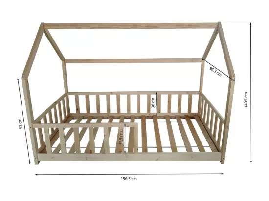 Lit cabane Kiwi 90x190 + 1 sommier + barrière /Naturel
