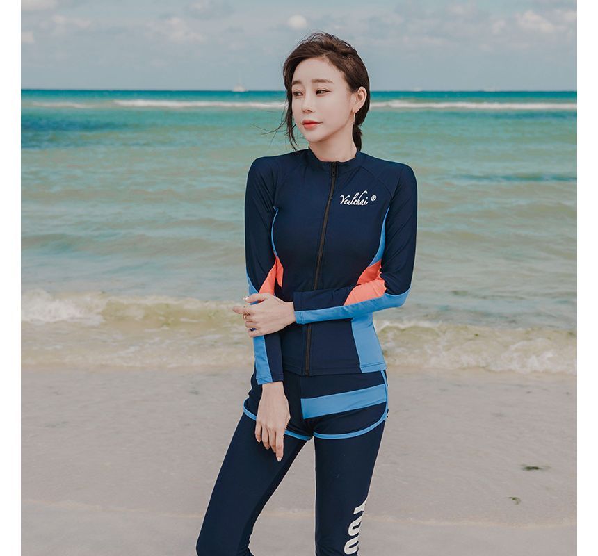 Equalipuro - Matching Rashguard met lange mouwen, kleurblok en rits voor koppels / Bikinibroekje / Zwemshort / Onderstuk / Broek / Set