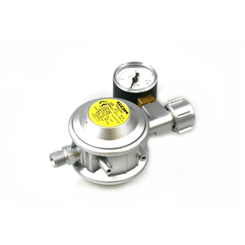 GOK BasicOne Gasdruckregler 30mbar mit Prüfventil -  1,5 kg/h  G.12 -> G 1/4 LH mit Manometer