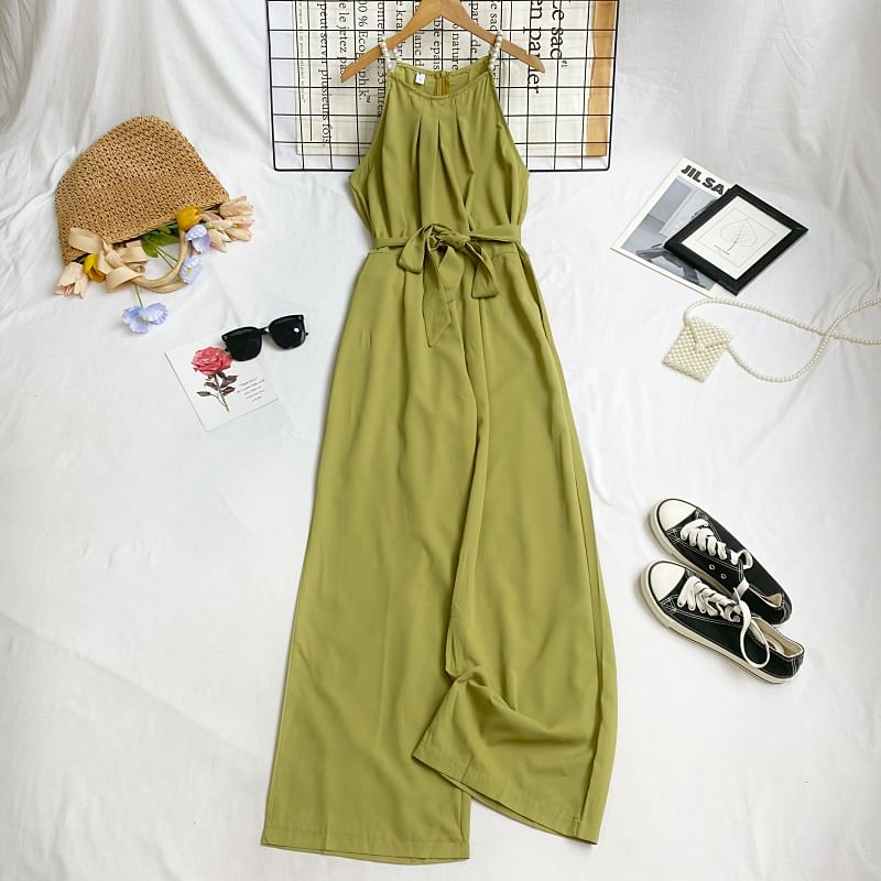 Iasia - Spaghettibandjes jumpsuit met wijde pijpen en strikceintuur