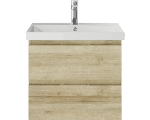 3-delige badkamermeubelset Pelipal serie 4035 BxHxD 60 x 200 x 45 cm, frontkleur eiken riviera, met keramische wastafel in wit en keramische wastafelkast, wastafelmeubel, spiegelkast met LED-verlichting 40350600121470
