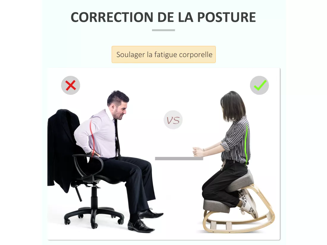 Tabouret ergonomique - siège assis à genoux - chaise à genoux grand confort - bois bouleau polyester gris