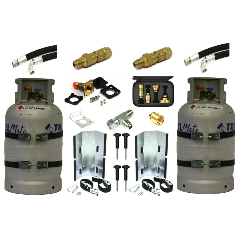 2x ALUGAS Tankflasche 33L mit 80% Multiventil & Tankadapter + Verbindungsset, Einbauset (Halter, HK Flach, Sinter-Filter, Schnellkupplung)