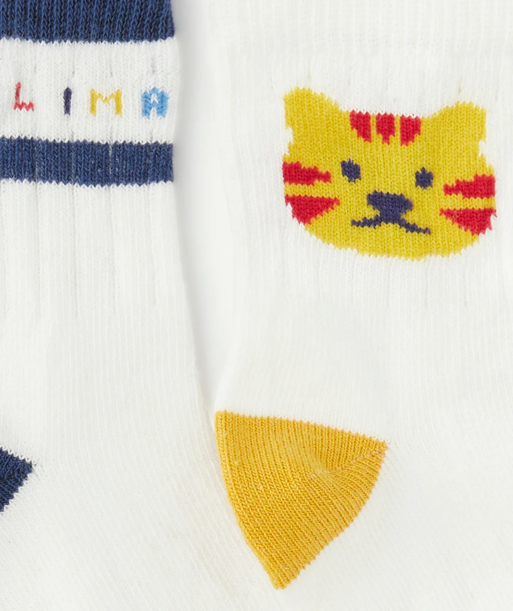 LOT DE 2 CHAUSSETTES HAUTES BÉBÉ GARÇON ÉCRUS MOTIF CHAT