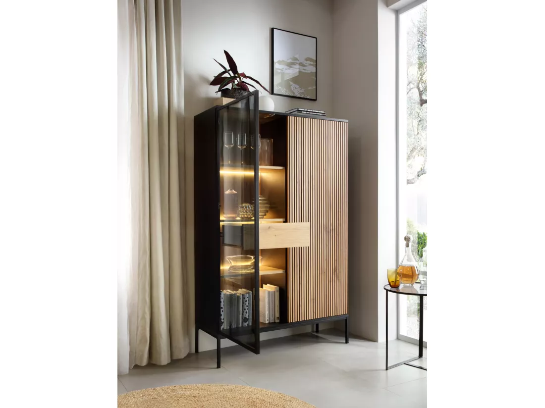 Vitrine haute - 2 portes avec tiroir et éclairage LED - Noir/Chêne Wotan - TOSENA