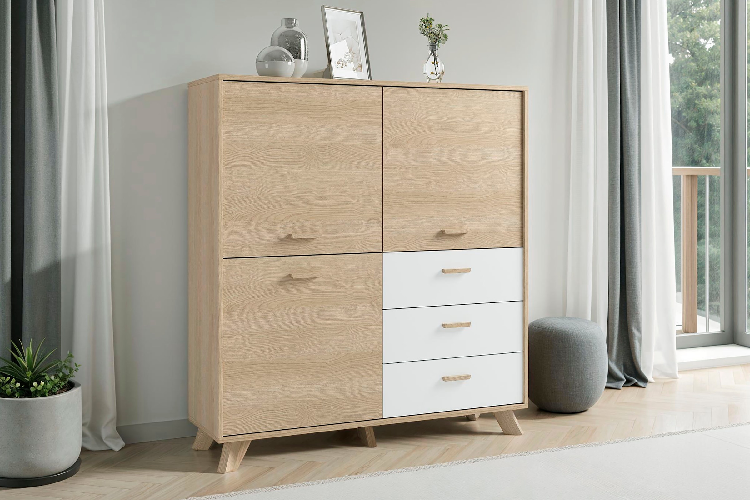 byLIVING Highboard »Bastian« 1 Stk. tlg. mit massiven Holzfüssen und Griffen, natürlicher Eichenlook, 120cm