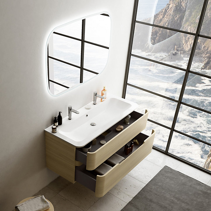 Ensemble salle de bains L. 119 cm meuble sous vasque décor chêne clair + plan vasque blanc brillant Alba