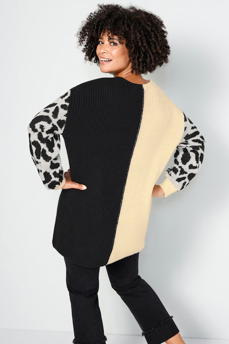 Long-Pullover, oversized, Rippstrick, Leo-Ärmel, V-Ausschnitt