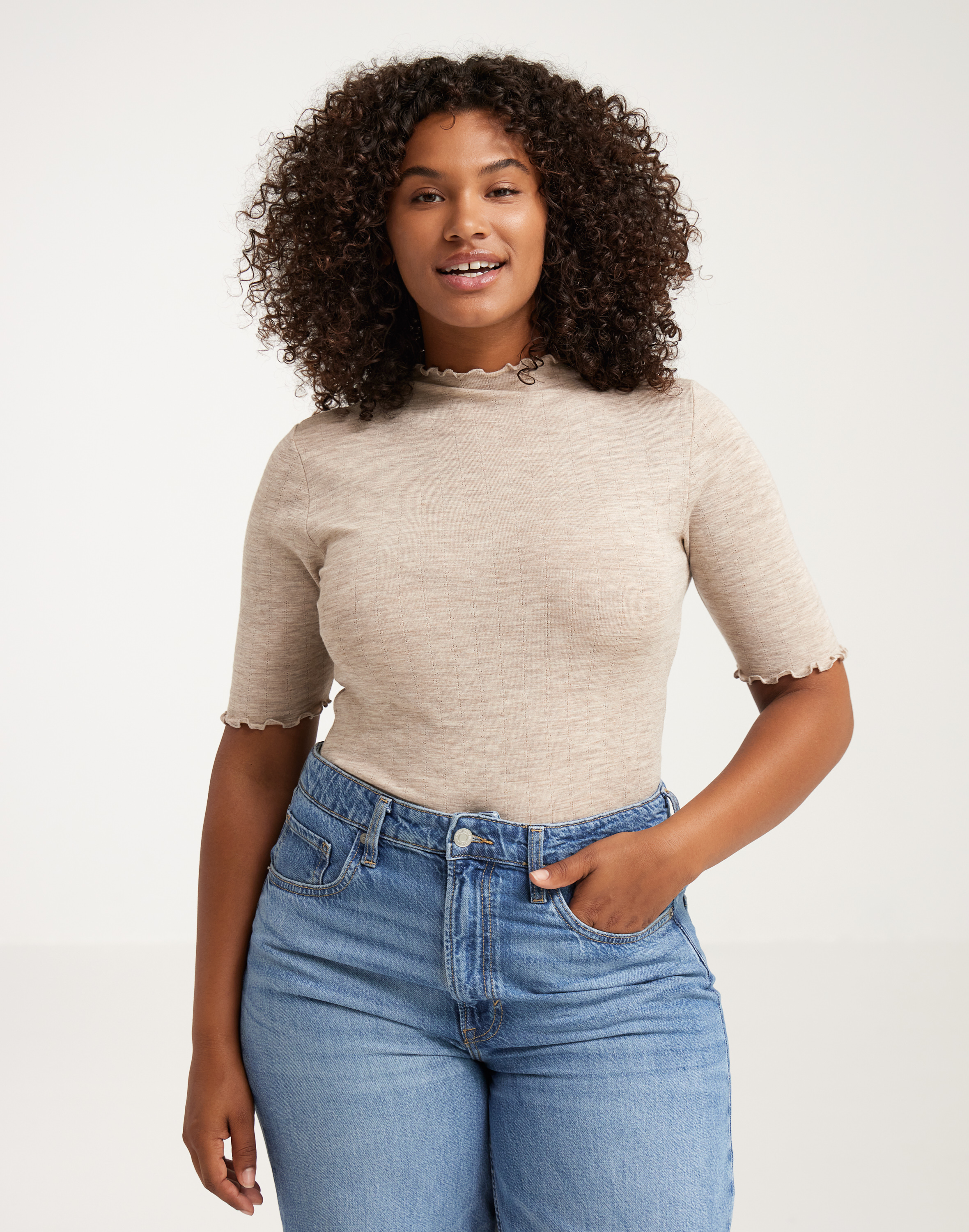 Pointelle T-shirt met hoge hals van merinowol/zijde voor dames