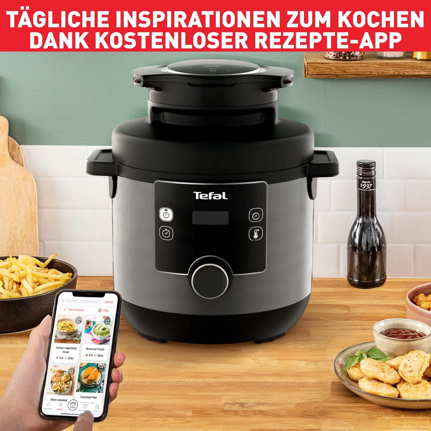 Tefal CY7788 Turbo Cuisine & Fry Multikocher, Schnellkochtopf & Heißluftfritteuse, 14 automatische Kochprogramme, Extra Crisp Deckel, vielseitig, 7,6 L Kapazität, inkl. Rezeptheft & Rezepte-App