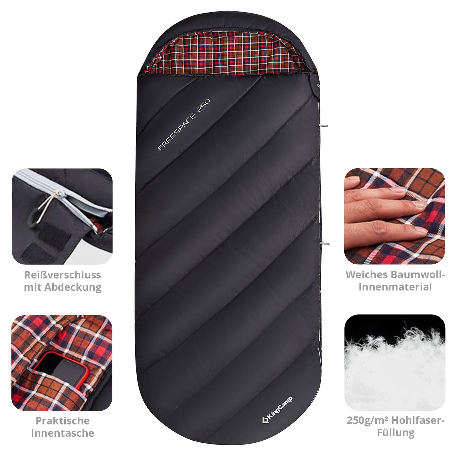 KINGCAMP Deckenschlafsack Freespace 250 Winter Schlafsack Breit Baumwolle -8°C Farbe: black