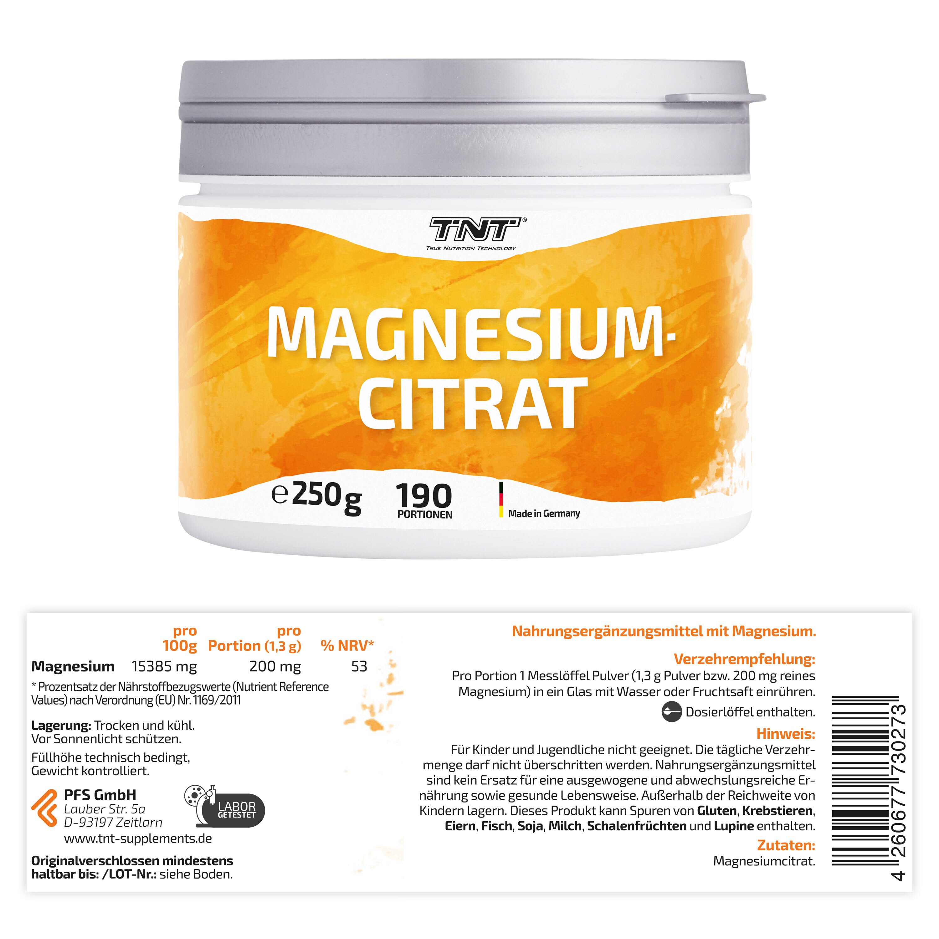 TNT Magnesium-Citrat 200mg hochwertiges Magnesium Citrat pro Portion