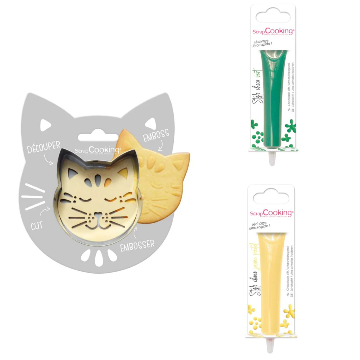 Kit pour biscuit en relief Chat + 2 Stylos au chocolat vert et jaune p