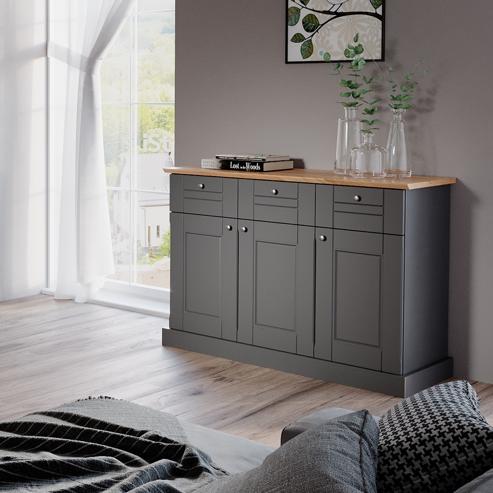 Vicco Sideboard Kommode Mehrzweckschrank Bergamo Grau Eiche Wohnzimmer Schrank 121x87 cm Vintage Ablage Schublade Schranktür Anrichte Wohnzimmermöbel