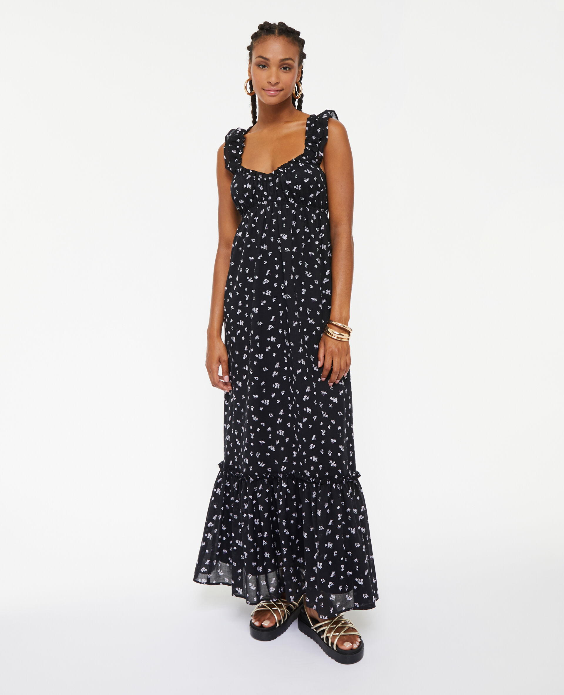 Robe longue motif fleurs avec volants - Noir